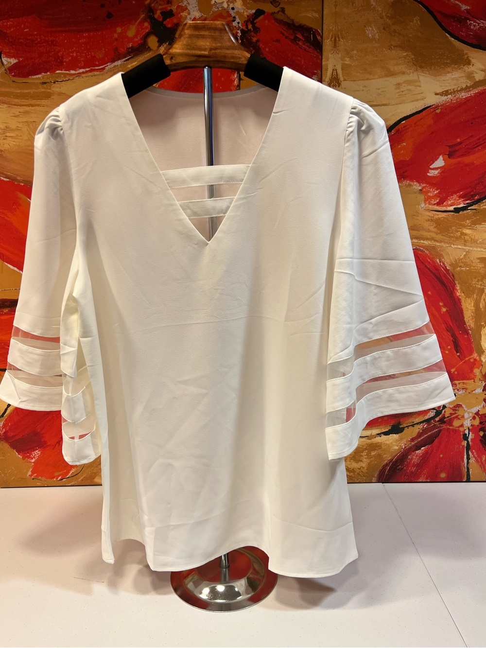 🆕 Cream colored V-Neck Flutter Sleeve Top with Sheer Stripe Detail, S